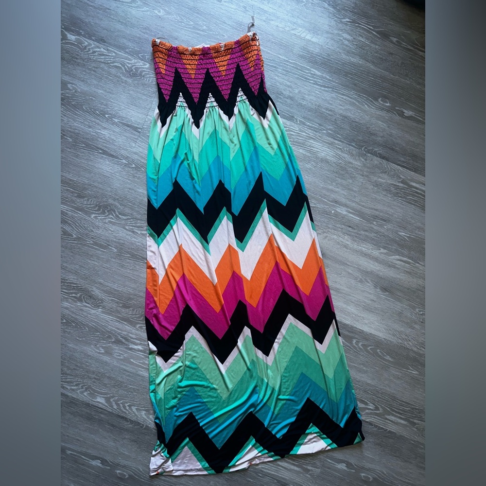 Modern Vintage Multicolor Chevron Maxi Skirt - Teal, Orange, Pink, Black